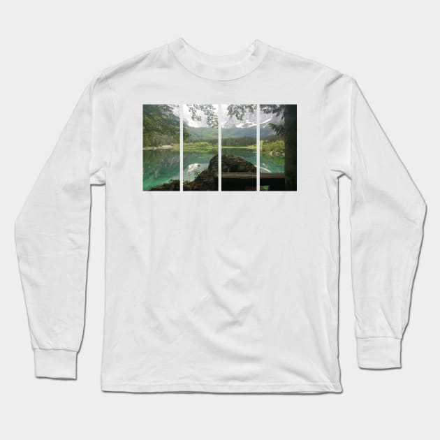 A static shot from the shore of Fusine lake in the Julian Alps with snowy mountains in background and a bench. Beautiful nature in a spring cloudy day; no people around. Italy Long Sleeve T-Shirt by fabbroni-art